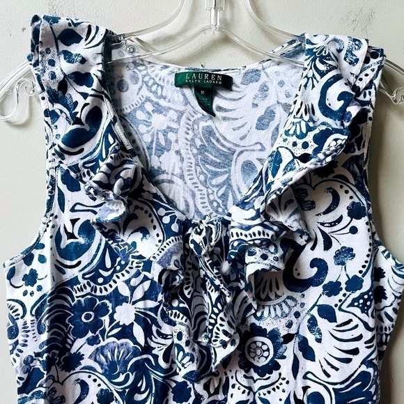 Lauren Ralph Lauren Blue Floral Ruffle Neck Cotton Sleeveless Top Womens Medium - Picture 7 of 12